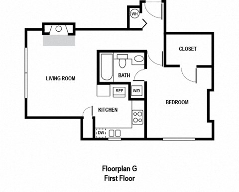 Floor plan for 1 bed, 1 bath, 615 sqft